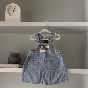 Ralph Lauren Blue Pinstripe Denim Overall Dress with RL Patch